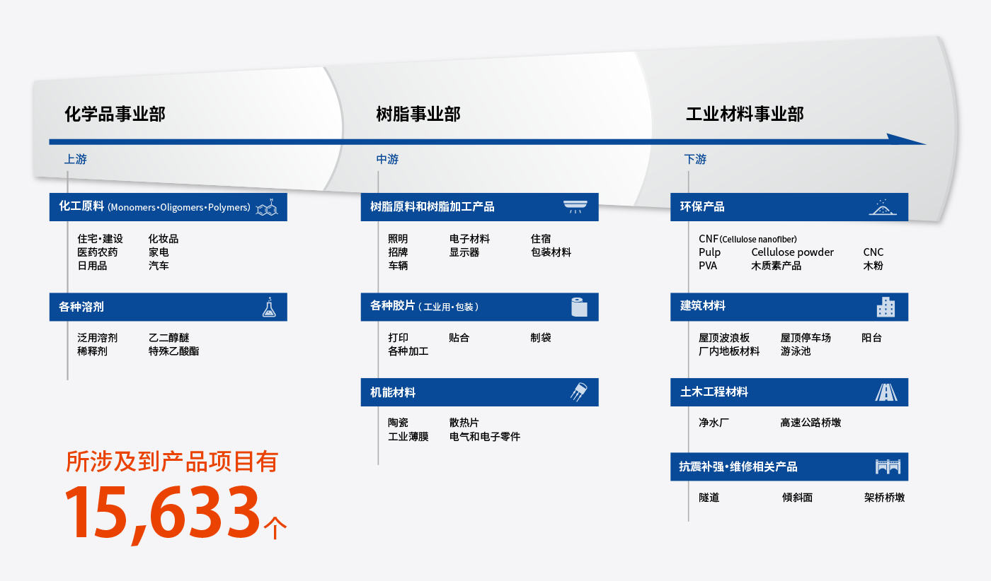 所涉及到产品项目有15,633个。上游：化学品事业部、中游：树脂事业部、下游：工业材料事业部。上游　化工原料（Monomers・Oligomers・Polymers）：住宅・建设・化妆品、医药农药、家电、日用品、汽车。各种溶剂：泛用溶剂、乙二醇醚、稀释剂、特殊乙酸酯。中游　树脂原料和树脂加工产品：照明、电子材料、住宿、招牌、显示器、包装材料、车辆。各种胶片（工业用・包装）：打印、贴合、制袋、各种加工。机能材料：陶瓷、散热片、工业薄膜、电气和电子零件。下游　环保产品：CNF Cellulose nanofiber、Pulp、Cellulose powder、CNC、PVA、木质素产品、木粉。建筑材料：屋顶波浪板、屋顶停车场、阳台、厂内地板材料、游泳池。土木工程材料：净水厂、高速公路桥墩。抗震补强・维修相关产品：隧道、傾斜面、架桥桥墩。